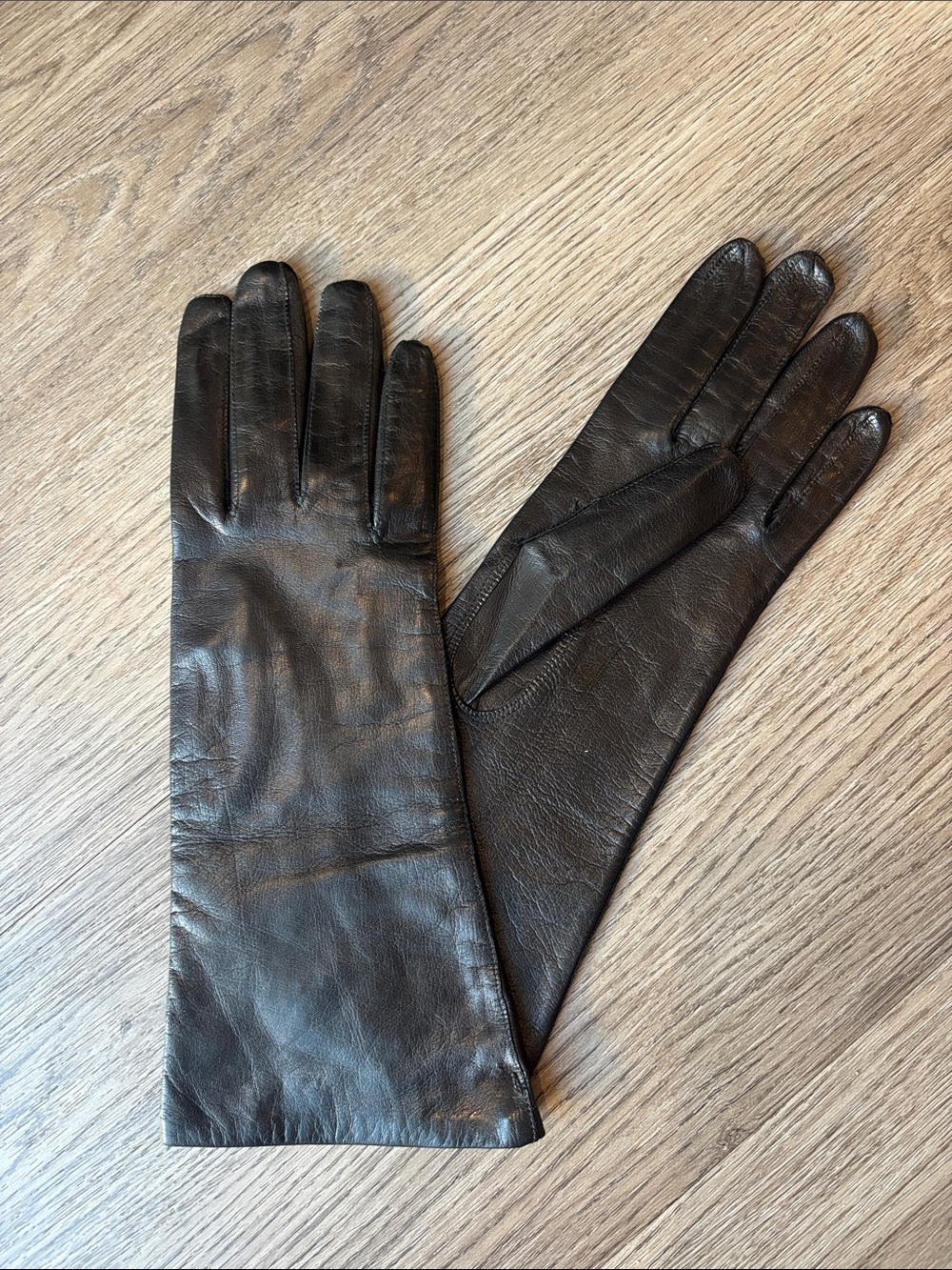 Vintage Real Kid Silk Lined Long Black Italian Leather Driving Gloves